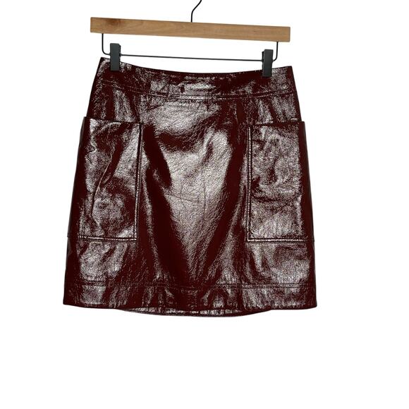 Anthropologie Maeve Skirt Faux Patient Leather Womens 4 Brown Pockets Mini - Picture 2 of 11